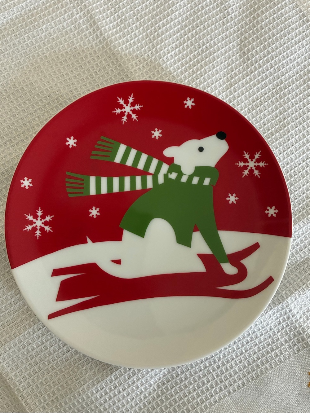 Crate & Barrel Snowpup Dog/ Polar Bear on Sled Christmas Plate